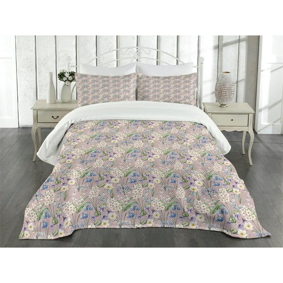 Ambesonne Spring Quilted Bedspread Set 3 Pcs, Farm Flower Lilacs Bloom, Queen Size, Lilac Blue and White