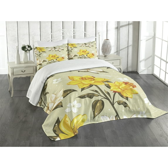 Ambesonne Spring Quilted Bedspread Set 3 Pcs, Floral Narcissus Branch, Queen Size, Yellow Khaki Cream