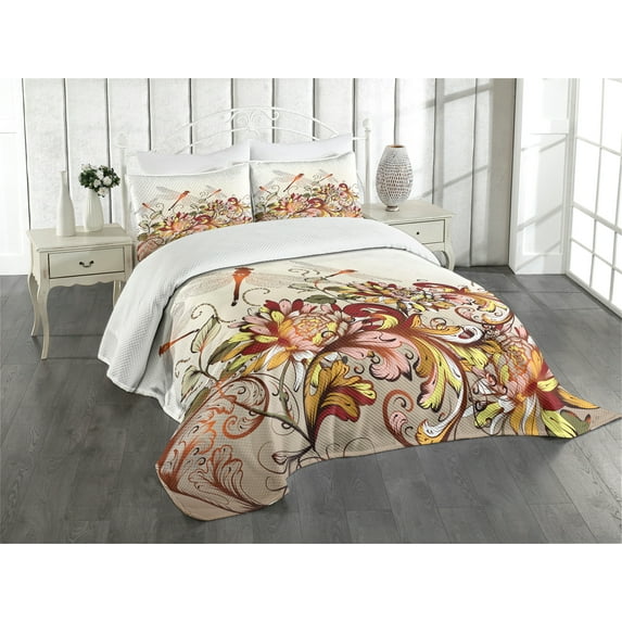 Ambesonne Spring Quilted Bedspread Set 3 Pcs, Flower Field Dragonfly, King Size, Multicolor