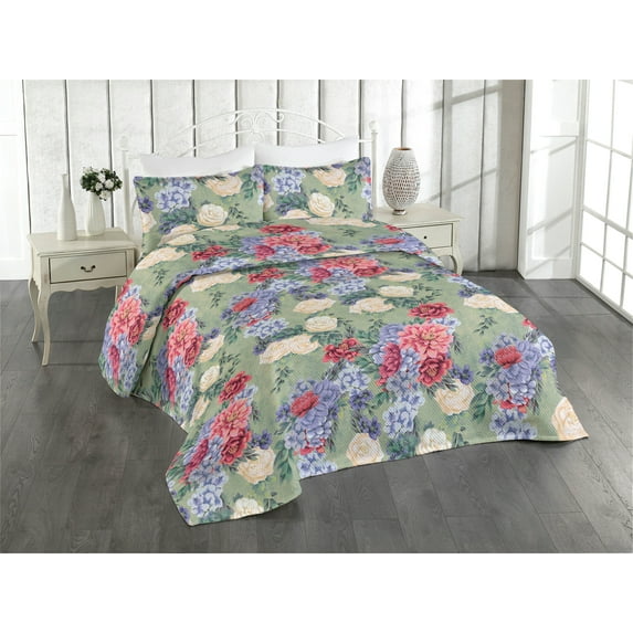 Ambesonne Spring Quilted Bedspread Set 3 Pcs, Flowers Leaves Fashion Art, King, Dried Rose Laurel Green