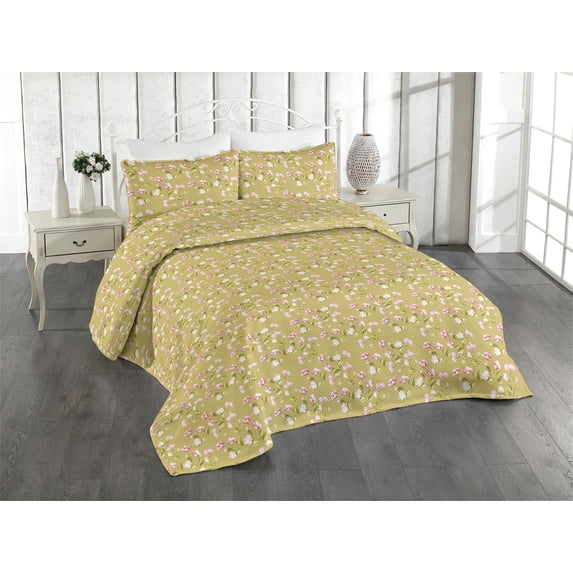 Ambesonne Spring Quilted Bedspread Set 3 Pcs, Flowers Leaves Summer Hope, Queen, Pink Camel and Pale Khaki