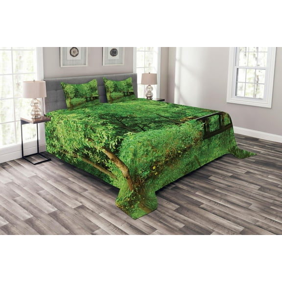Ambesonne Spring Quilted Bedspread Set 3 Pcs, Foliage Forest Woodsy, King Size, Green Brown