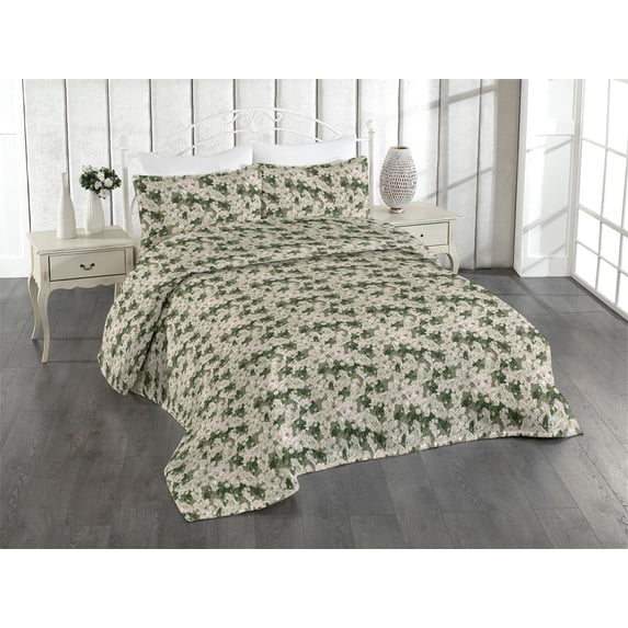 Ambesonne Spring Quilted Bedspread Set 3 Pcs, Hopeful Pastel Motif Flowers, Queen, Sage Green and Blush