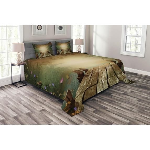 Ambesonne Spring Quilted Bedspread Set 3 Pcs, Lake and Blooming Flora, King Size, Multicolor