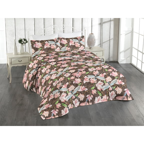 Ambesonne Spring Quilted Bedspread Set 3 Pcs, Magnolia Branches Dragonfly, Twin, Coral Dark Peach and Pink