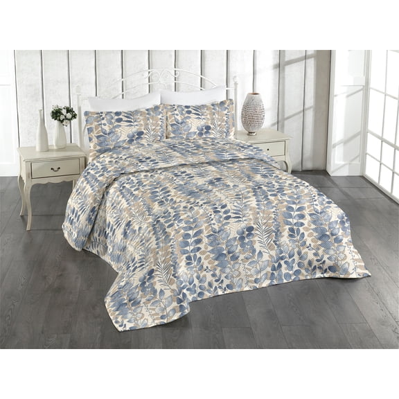 Ambesonne Spring Quilted Bedspread Set 3 Pcs, Overlapped Watercolor Leaves, Twin, Dark Ceil Blue Brown