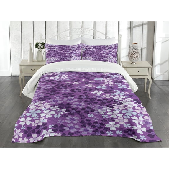 Ambesonne Spring Quilted Bedspread Set 3 Pcs, Spring Romantic Meadow, King Size, Purple White