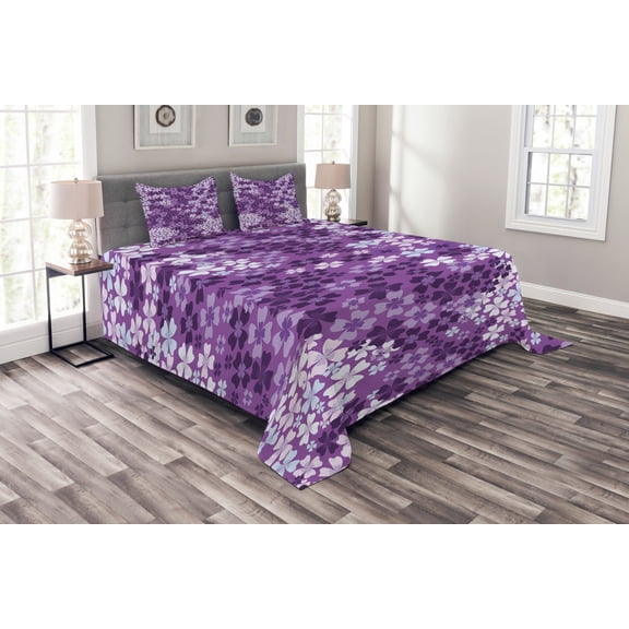 Ambesonne Spring Quilted Bedspread Set 3 Pcs, Spring Romantic Meadow, Queen Size, Purple White