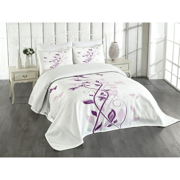 Ambesonne Spring Quilted Bedspread Set 3 Pcs, Violet Tree Blossoms Image, King Size, Plum White