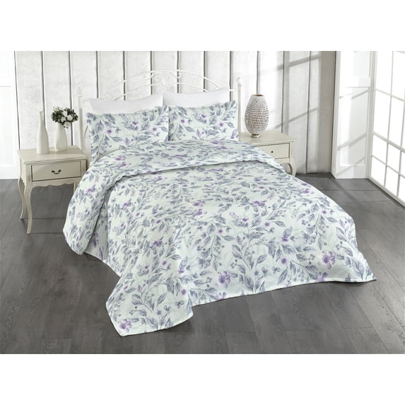 Ambesonne Spring Quilted Bedspread Set 3 Pcs, Watercolor Flower Foliage, Twin, Blue Grey and Pale Lavender