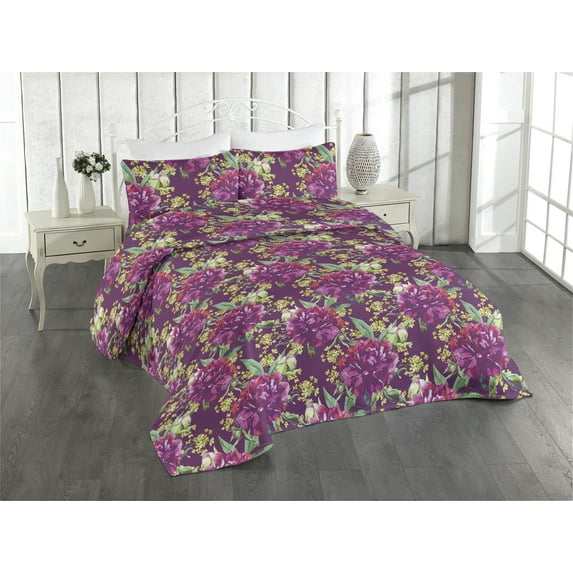 Ambesonne Spring Quilted Bedspread Set 3 Pcs, Watercolor Flowers Flora Art, Queen, Pistachio Green Eggplant