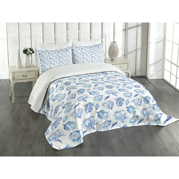 Ambesonne Spring Quilted Bedspread Set 3 Pcs, Watercolor Roses Buds, Queen Size, Pale Blue and White