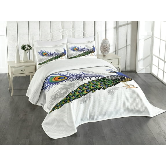 Ambesonne Spring Quilted Bedspread Set 3 Pcs, Wild Peacock Feather, King Size, Multicolor