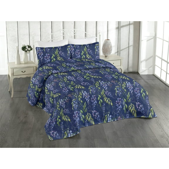 Ambesonne Spring Quilted Bedspread Set 3 Pcs, Wistaria Flowers with Leaves, King, Sage Green and Dark Blue
