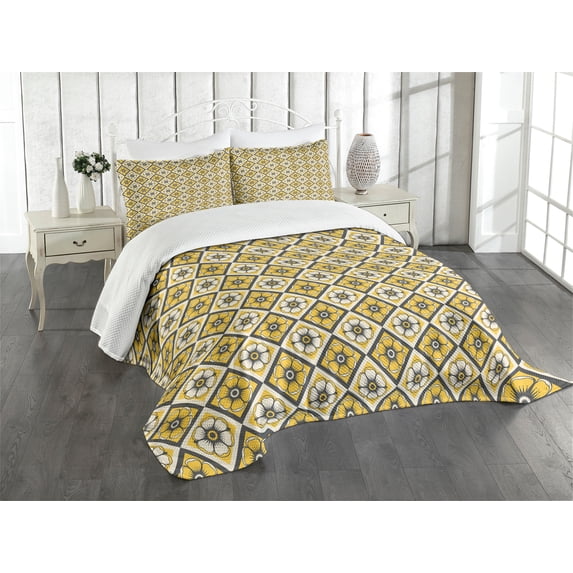 Ambesonne Spring Quilted Bedspread Set 3 Pcs, Yellow Tile Flowers, King Size, Charcoal Grey Yellow