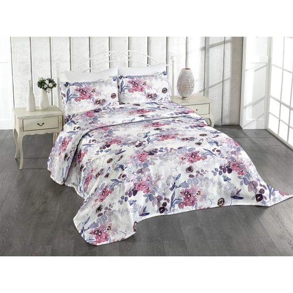 Ambesonne Spring Quilted Coverlet 2 Pcs, Anemone Flowers Leaves Art, Twin Size, Mauve Taupe and Blue Violet