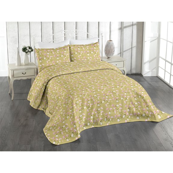 Ambesonne Spring Quilted Coverlet 2 Pcs, Flowers Leaves Summer Hope, Twin Size, Pink Camel and Pale Khaki