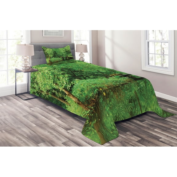 Ambesonne Spring Quilted Coverlet 2 Pcs, Foliage Forest Woodsy, Twin Size, Green Brown
