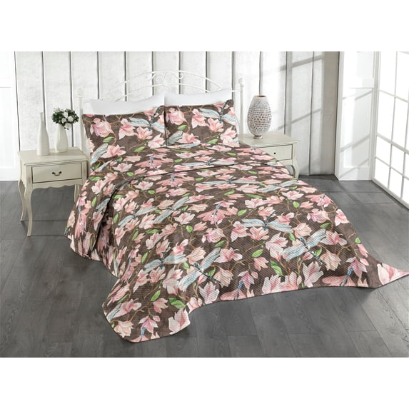 Ambesonne Spring Quilted Coverlet 2 Pcs, Magnolia Branches Dragonfly, Twin Size, Coral Dark Peach and Pink