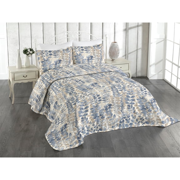 Ambesonne Spring Quilted Coverlet 2 Pcs, Overlapped Watercolor Leaves, Twin Size, Dark Ceil Blue Brown