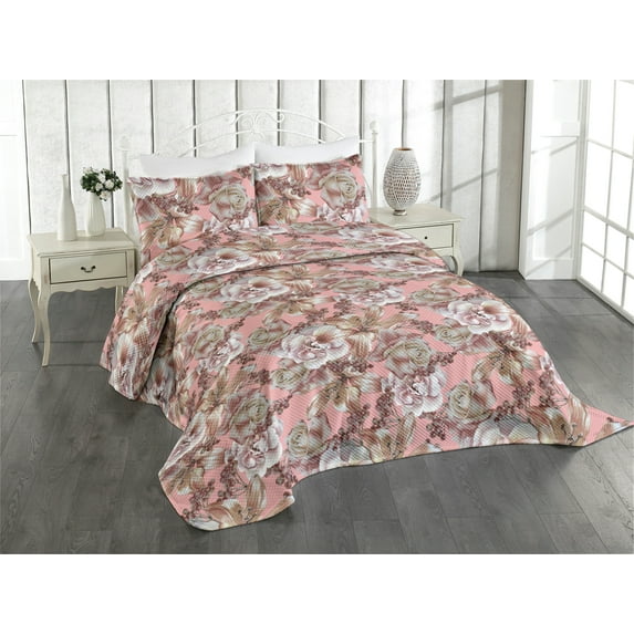 Ambesonne Spring Quilted Coverlet 2 Pcs, Rose Lily Flowers Pattern, Twin Size, Pastel Pink and Pale Redwood