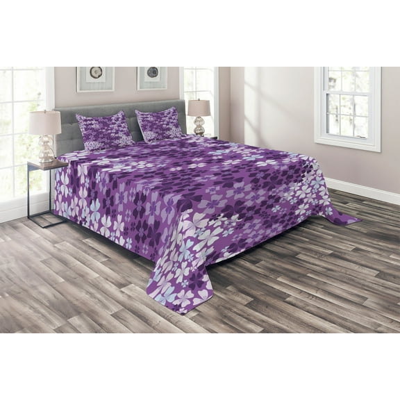 Ambesonne Spring Quilted Coverlet 2 Pcs, Spring Romantic Meadow, Twin Size, Purple White