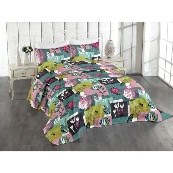 Ambesonne Spring Quilted Coverlet 2 Pcs, Squares Flowers Pattern Art, Twin Size, Yellow Green and Pastel Pink