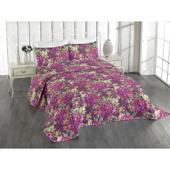 Ambesonne Spring Quilted Coverlet 2 Pcs, Watercolor Flowers Flora Art, Twin Size, Pistachio Green Eggplant