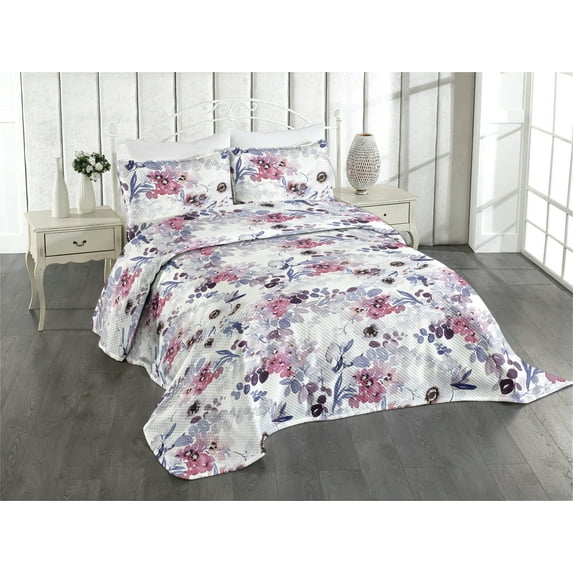Ambesonne Spring Quilted Coverlet 3 Pcs, Anemone Flowers Leaves Art, Queen Size, Mauve Taupe and Blue Violet