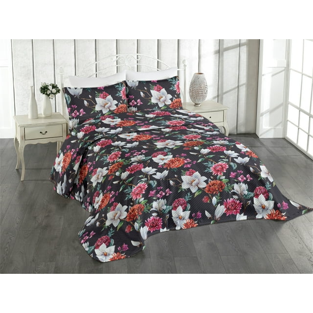 Ambesonne Spring Quilted Coverlet 3 Pcs, Chrysanthemum Magnolia Plot, King Size, Raspberry and Petrol Blue
