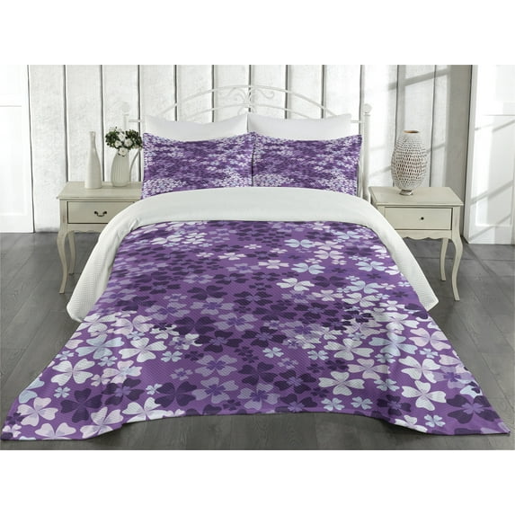 Ambesonne Spring Quilted Coverlet 3 Pcs, Spring Romantic Meadow, Queen Size, Purple White