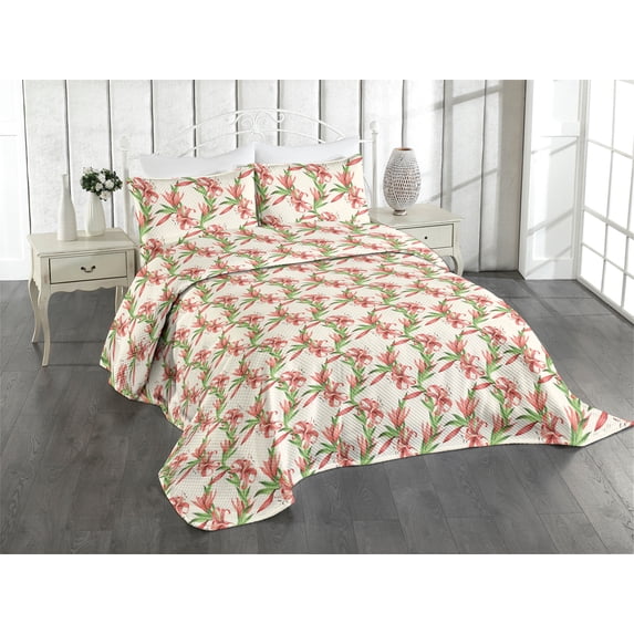 Ambesonne Spring Quilted Coverlet 3 Pcs, Tiger Lily Flowers Exotics, Queen Size, Coral Green Off White