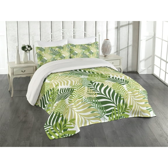 Ambesonne Spring Quilted Coverlet 3 Pcs, Tropic Exotic Palm Trees, Queen Size, Green Ecru