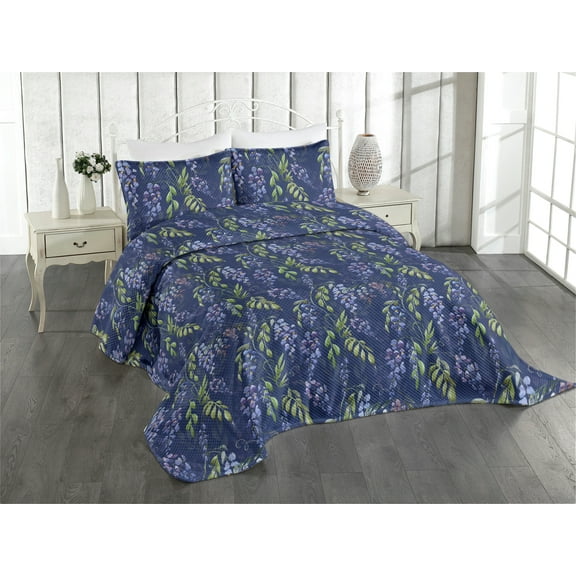 Ambesonne Spring Quilted Coverlet 3 Pcs, Wistaria Flowers with Leaves, King Size, Sage Green and Dark Blue