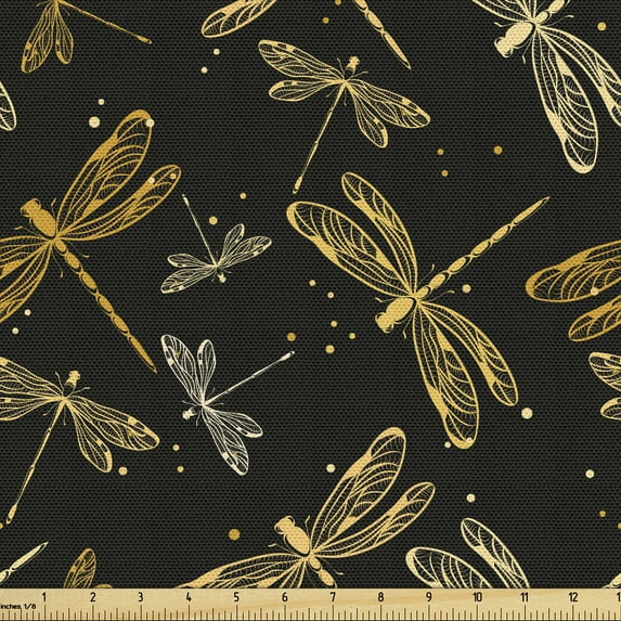 Ambesonne Spring Retro Fabric by the Yard Upholstery, Dragonfly Dots Blots, 1 Yard, Dark Yellow Black Grey