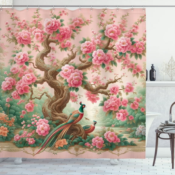 Ambesonne Spring Shower Curtain, Asian Floral Tree Peacock, 69"Wx75"L, Pastel Pink Jade Green