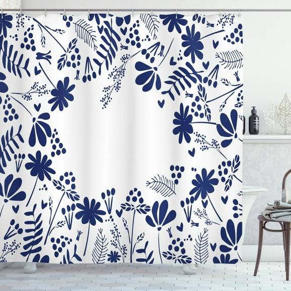 Ambesonne Spring Shower Curtain, Botanic Flowers Leaves, 69"Wx84"L, Indigo White