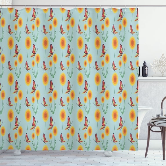 Ambesonne Spring Shower Curtain, Butterflies Flying Dandelion, 69"Wx84"L, Pale Blue Marigold Red