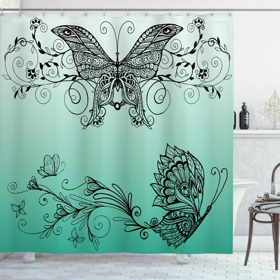 Ambesonne Spring Shower Curtain, Butterfly Floral Mandala Art, 69"Wx84"L, Mint Green