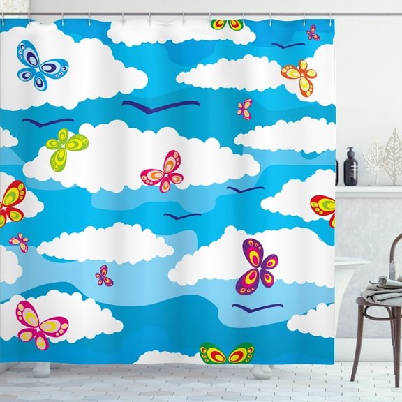 Ambesonne Spring Shower Curtain, Clouds Butterfly Summer, 69"Wx84"L, Sky Blue White