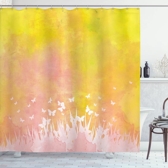 Ambesonne Spring Shower Curtain, Flower Butterfly Colored, 69"Wx75"L, Earth Yellow Pale Pink