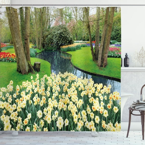 Ambesonne Spring Shower Curtain, Flower Garden Grass Park, 69"Wx84"L, Green and Brown