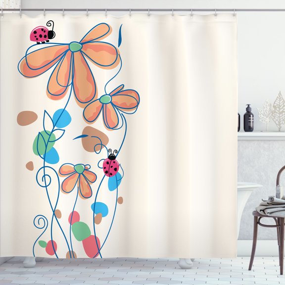 Ambesonne Spring Shower Curtain, Flowers Oval Ladybugs Print, 69"Wx75"L, Peach Camel