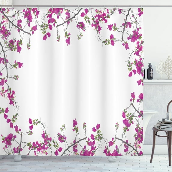 Ambesonne Spring Shower Curtain, Fuchsia Tones Branches Look, 69"Wx75"L, Taupe Grey Magenta White
