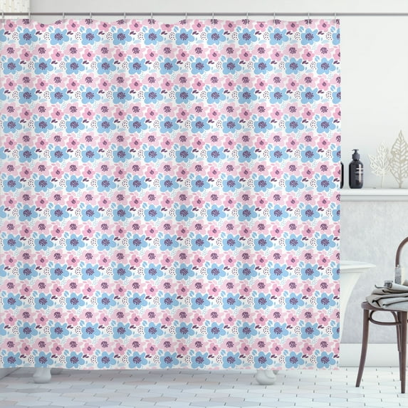 Ambesonne Spring Shower Curtain, Geometric Flower Leaf Dots, 69"Wx84"L, Soft Pink Pale Ceil Blue