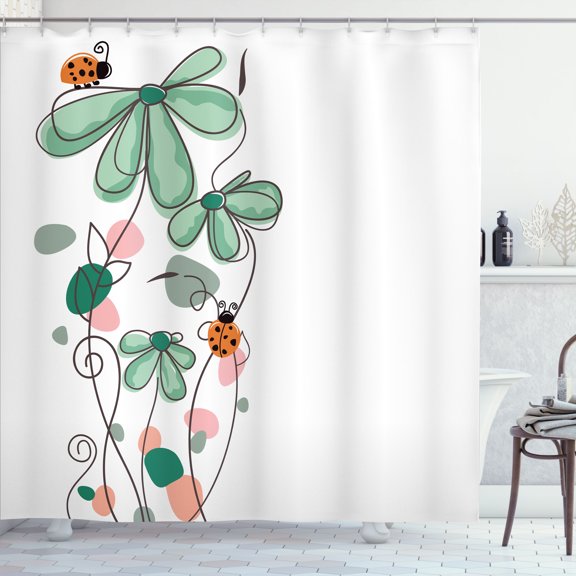 Ambesonne Spring Shower Curtain, Ladybug Illustration Floral, 69"Wx70"L, Jade Green