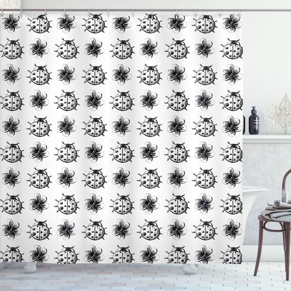 Ambesonne Spring Shower Curtain, Ladybugs and Flowers Art, 69"Wx70"L, Charcoal Grey and White