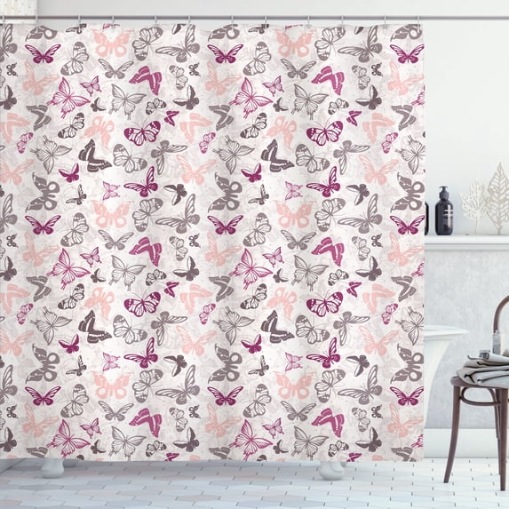 Ambesonne Spring Shower Curtain, Nostalgia Butterflies Motif, 69"Wx70"L, Purple Coral Pearl