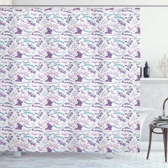 Ambesonne Spring Shower Curtain, Romantic Floral Butterflies, 69"Wx70"L, Dark Turquoise Dark Blue