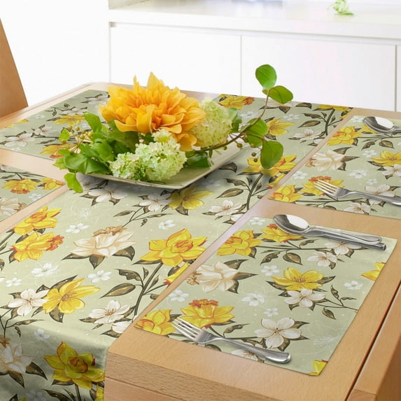 Ambesonne Spring Table Runner & Placemats, Floral Narcissus Branch, Placemat 4 pcs + Runner 14"x72", Yellow Khaki Cream